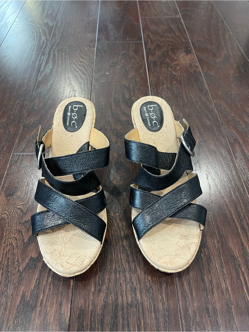 BOC Born Concept Black Leather Sandals Cork Wedge Size 10
